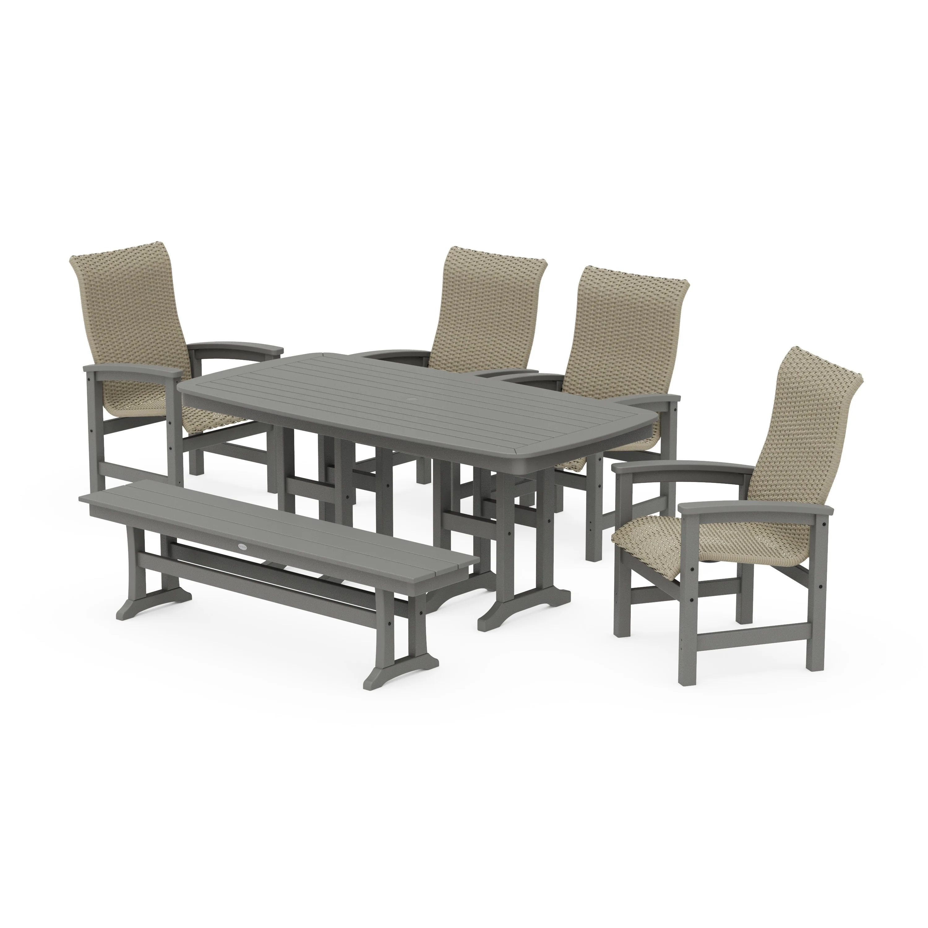 Coastal Woven High-Back 6-Piece Farmhouse Dining Set with Bench
