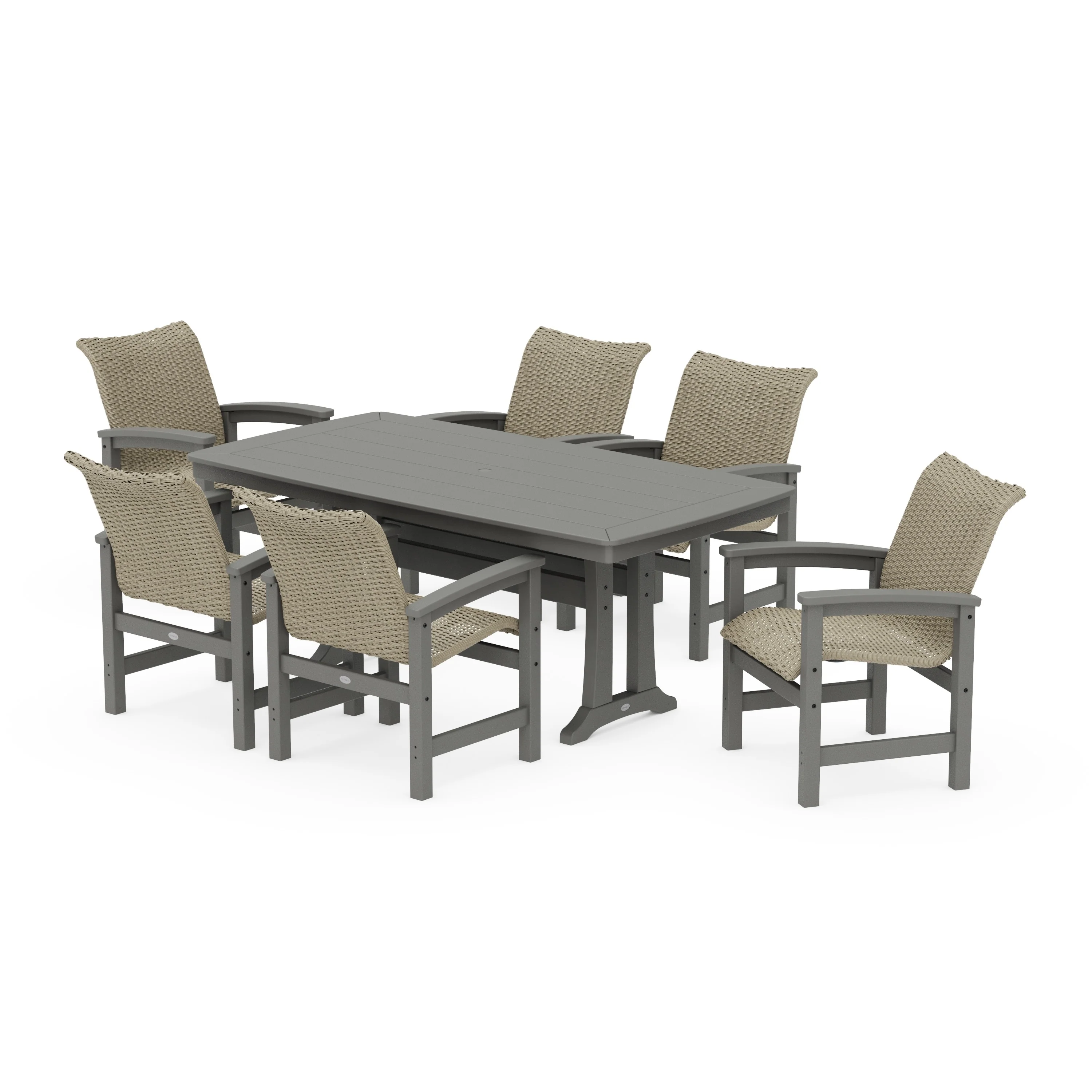 Coastal Woven Arm Chair 7-Piece Dining Set with Trestle Legs