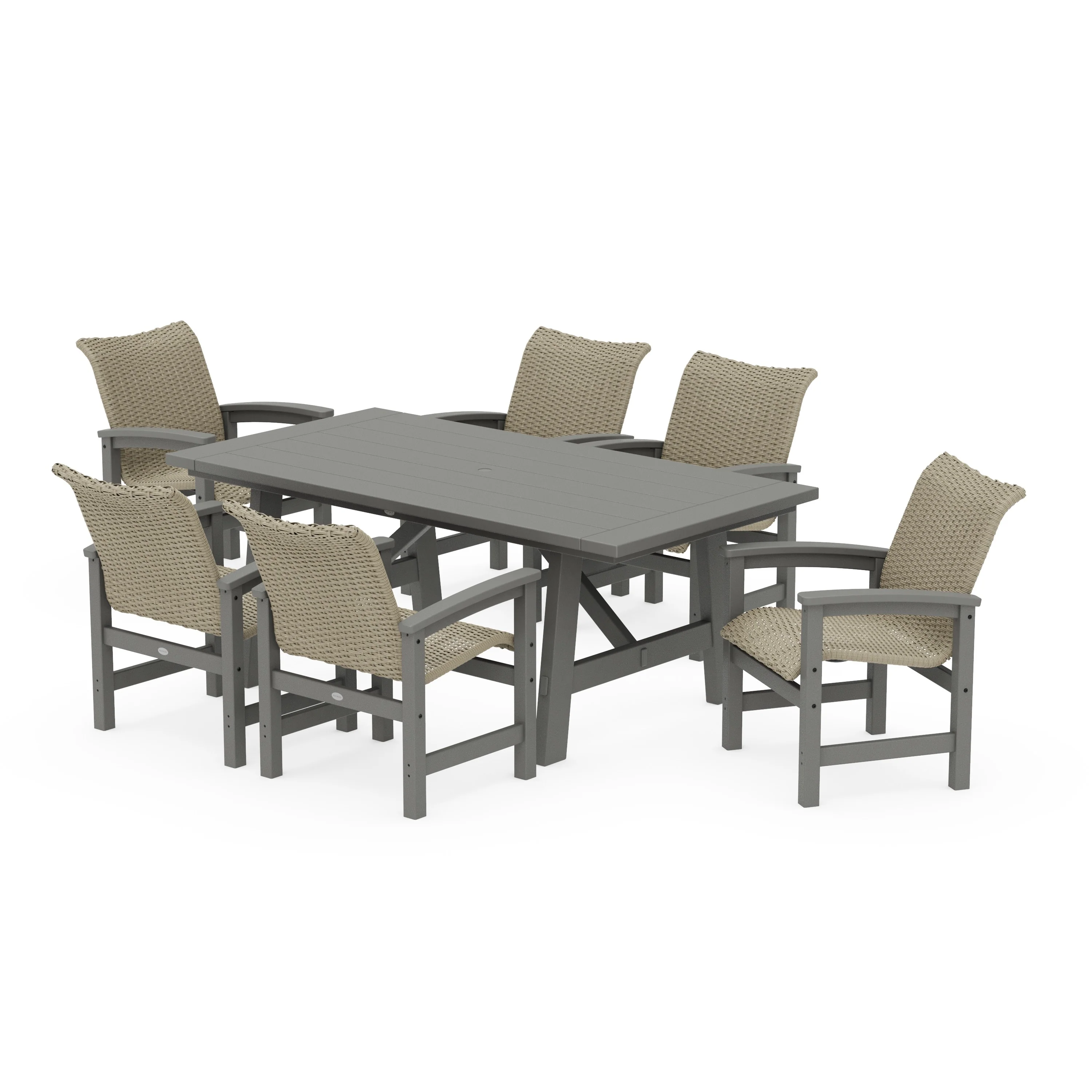 Coastal Woven Arm Chair 7-Piece Rustic Farmhouse Dining Set