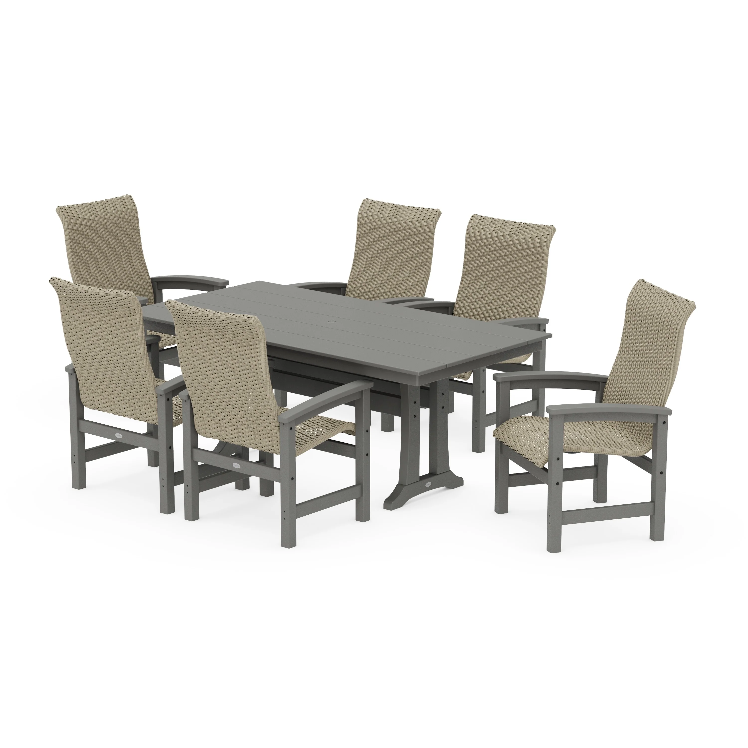 Coastal Woven High-Back Arm Chair 7-Piece Farmhouse Dining Set with Trestle Legs