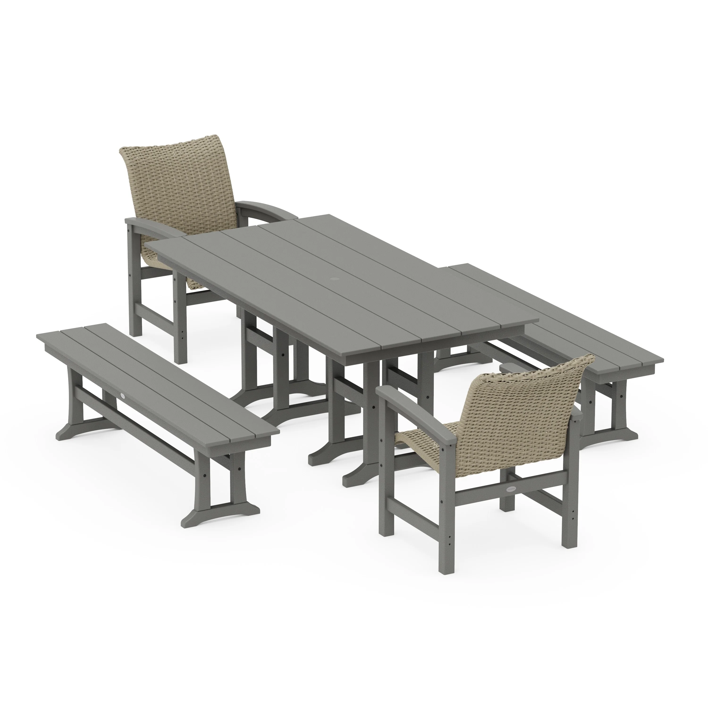 Coastal Woven 5-Piece Farmhouse Dining Set with Benches