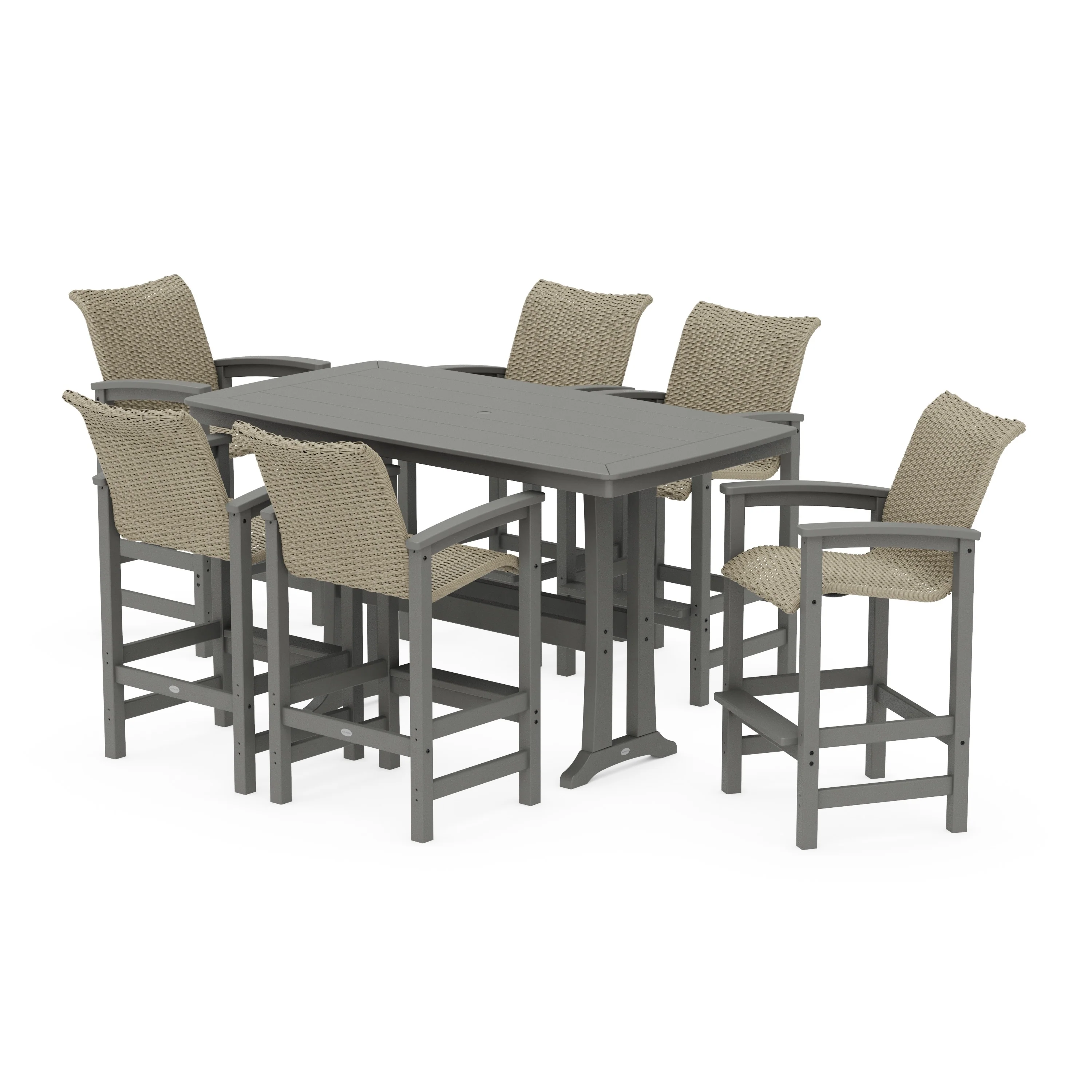 Coastal Woven Arm Chair 7-Piece Bar Set with Trestle Legs
