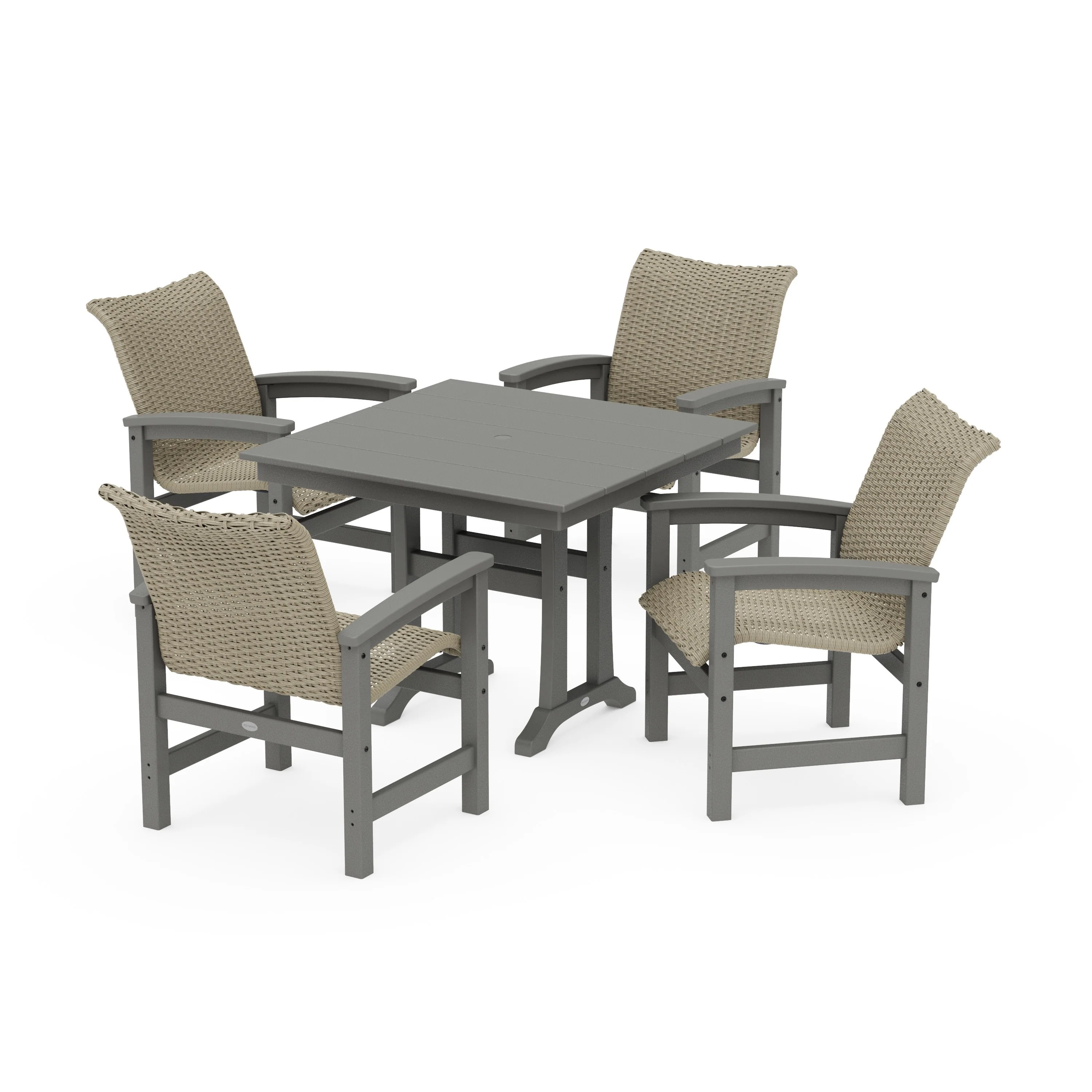 Coastal Woven 5-Piece Farmhouse Dining Set with Trestle Legs