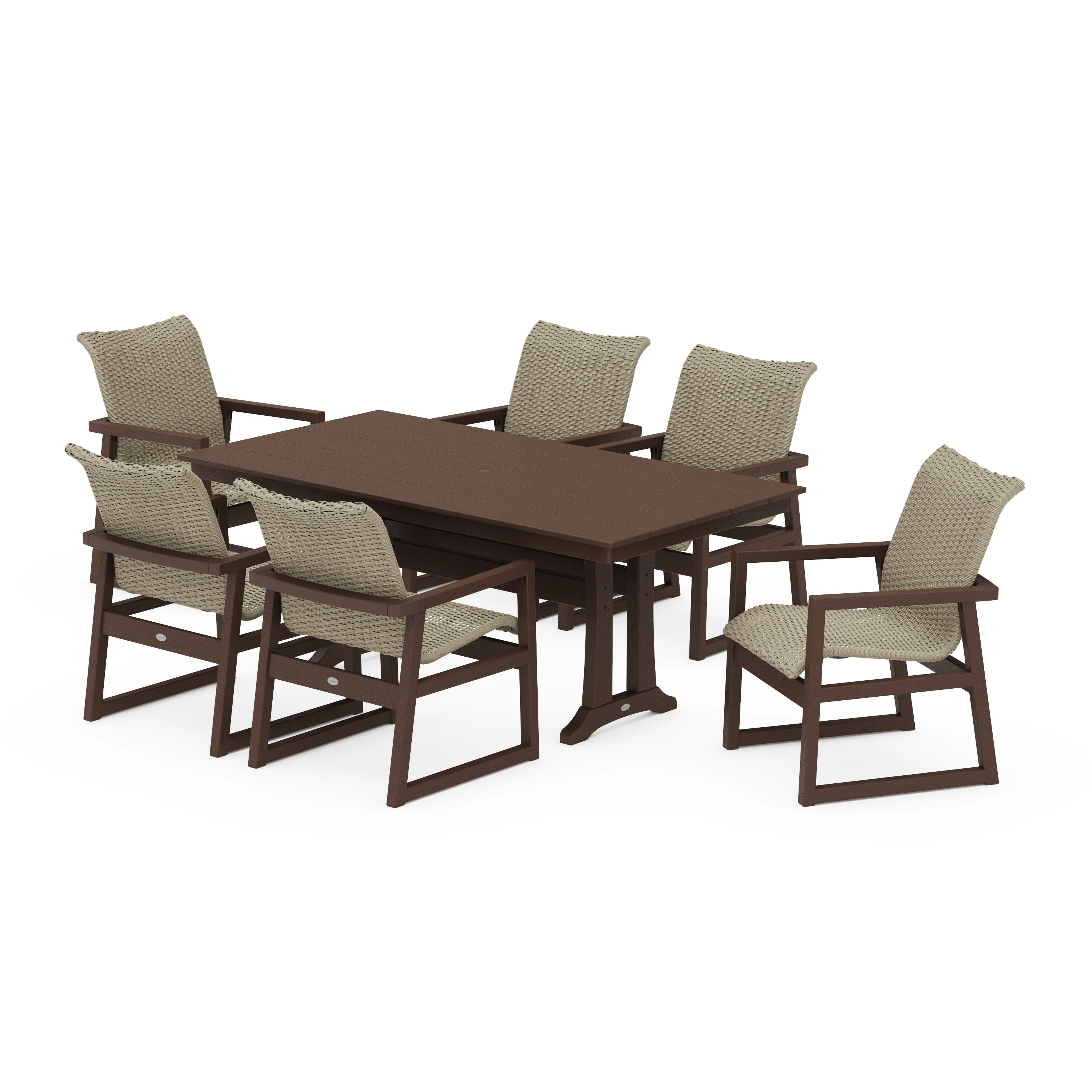 EDGE Woven Arm Chair 7-Piece Farmhouse Dining Set with Trestle Legs