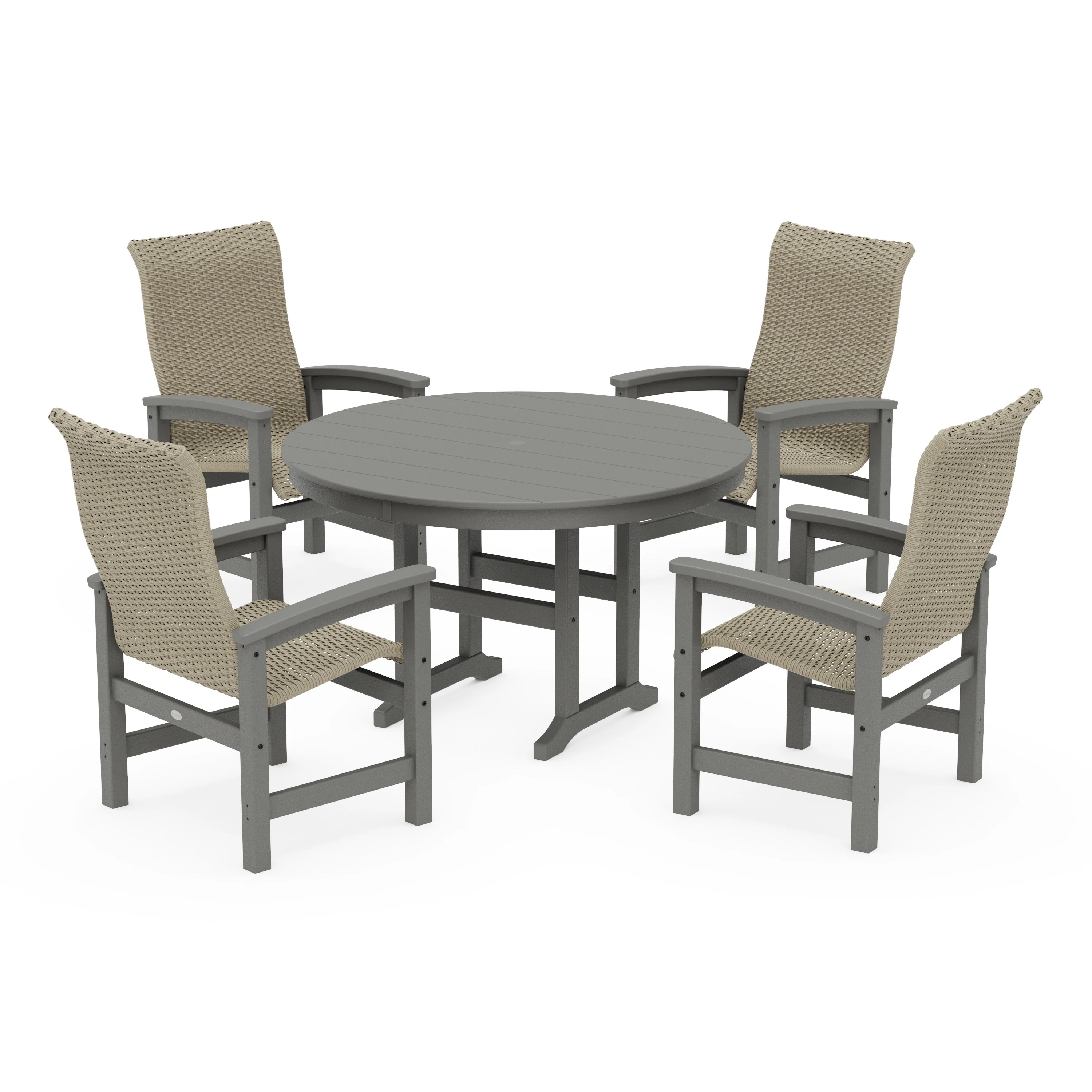 Coastal Woven High-Back 5-Piece Round Farmhouse Dining Set