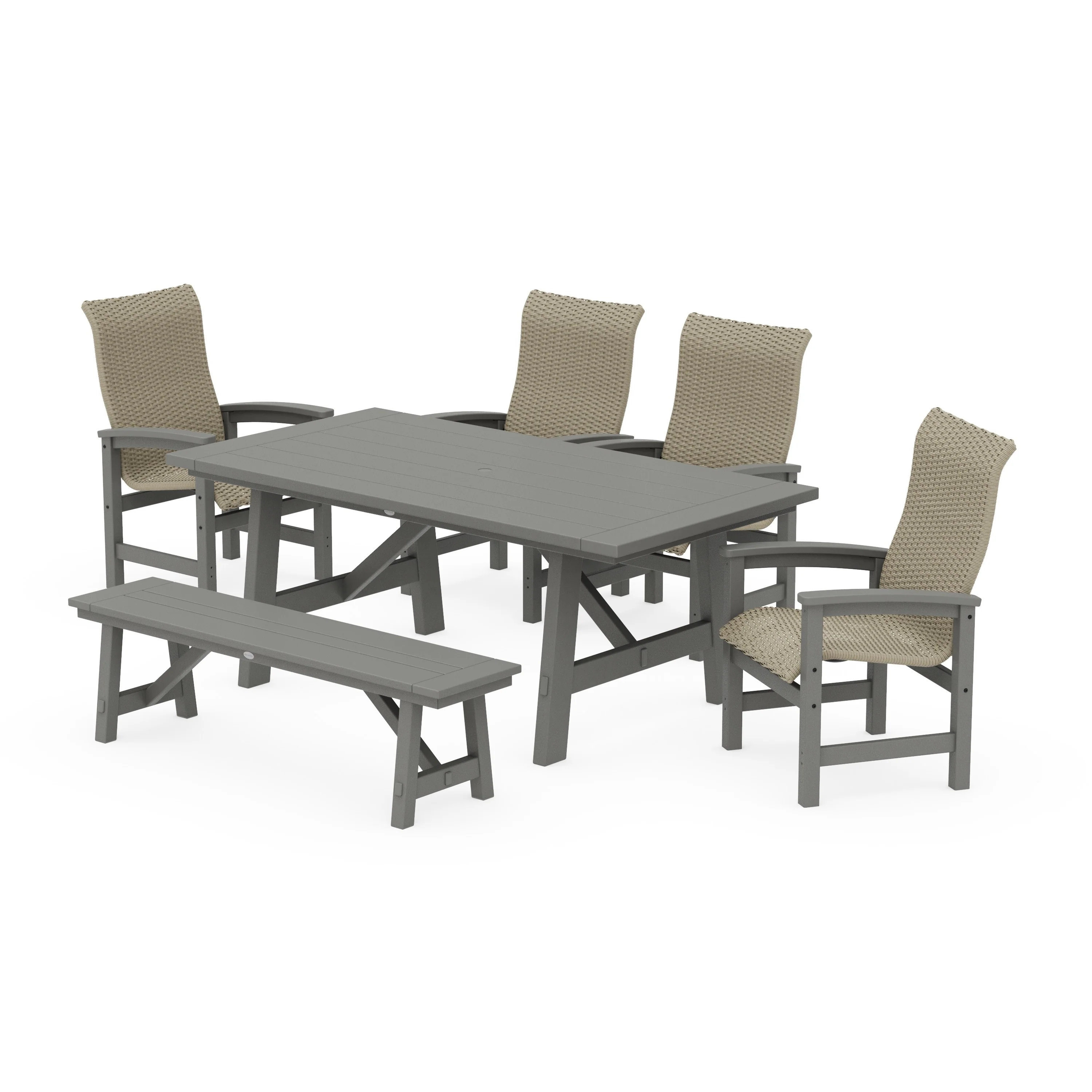 Coastal Woven High-Back 6-Piece Rustic Farmhouse Dining Set with Bench