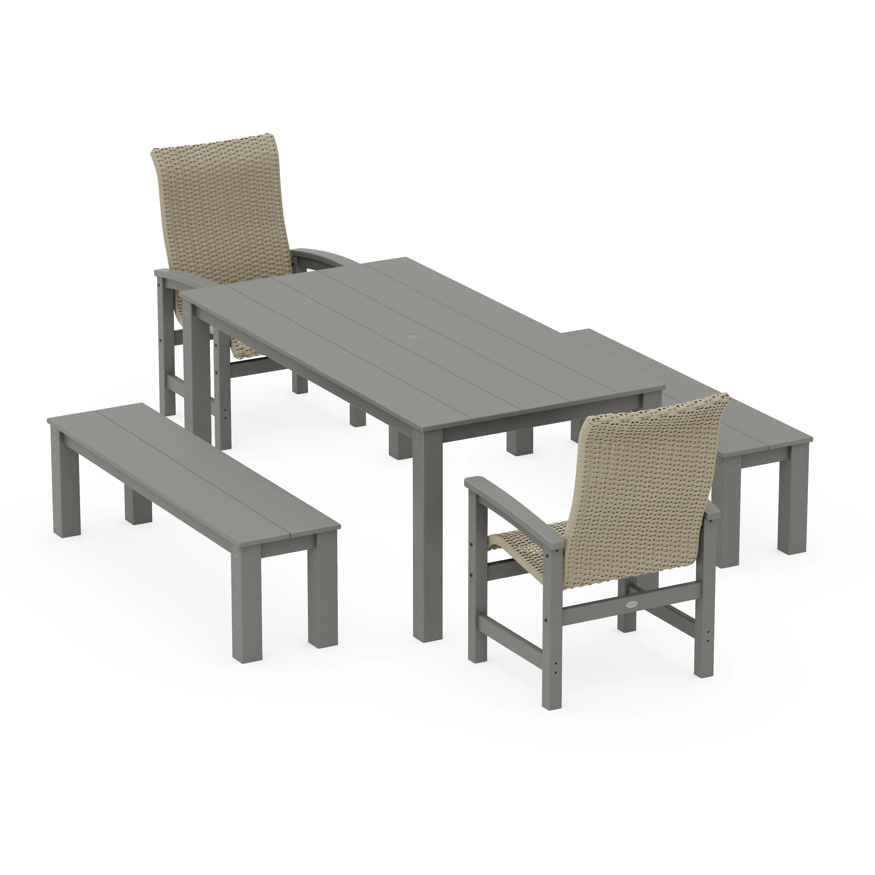 Coastal Woven High-Back 5-Piece Parsons Dining Set with Benches