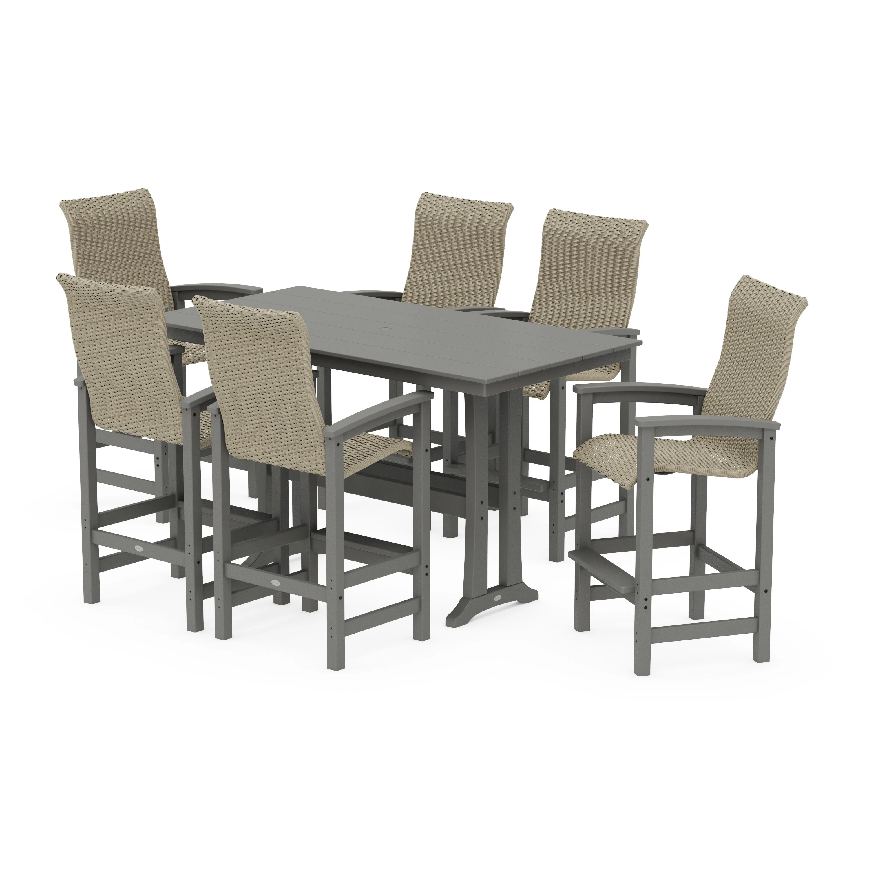 Coastal Woven High-Back Arm Chair 7-Piece Farmhouse Bar Set with Trestle Legs