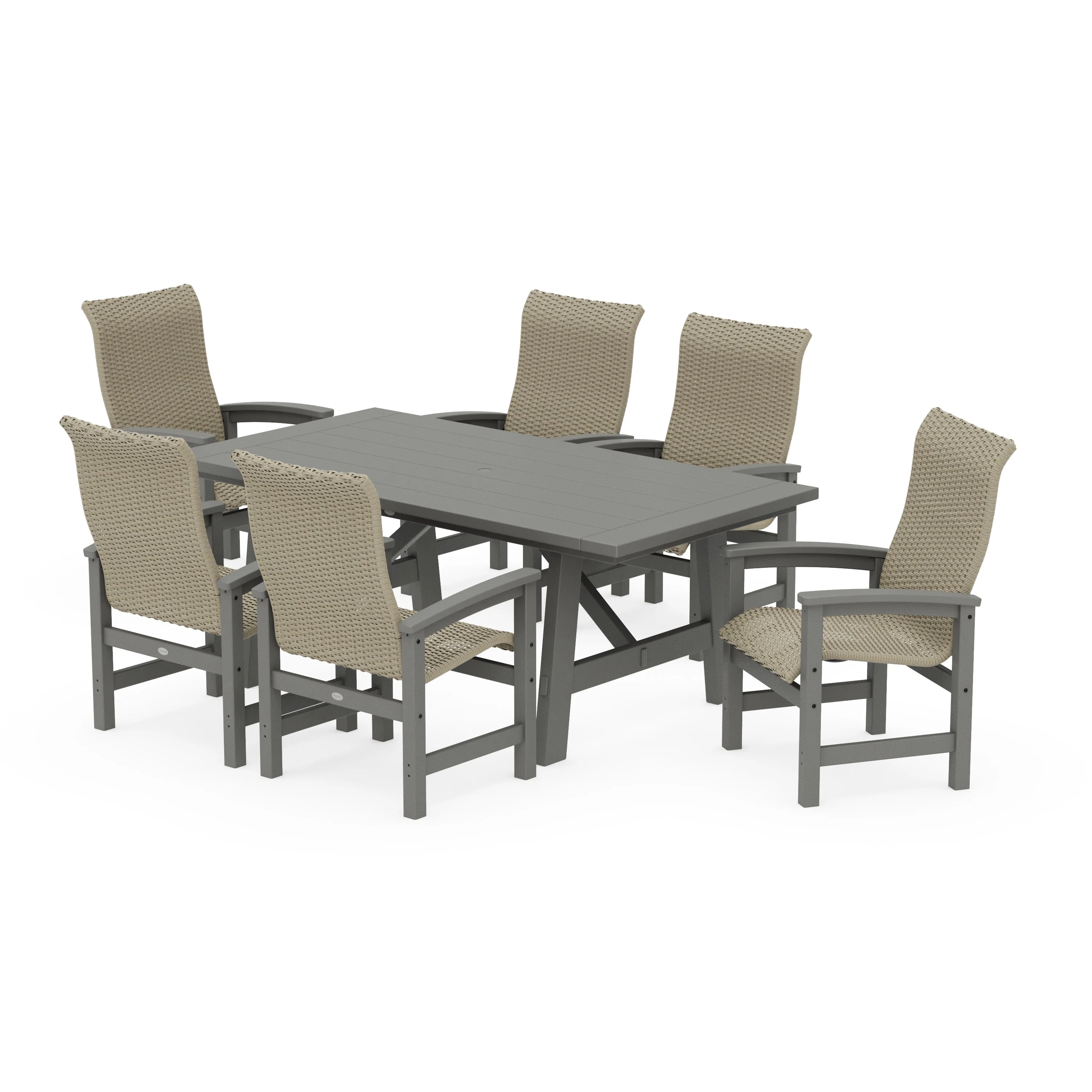 Coastal Woven High-Back Arm Chair 7-Piece Rustic Farmhouse Dining Set