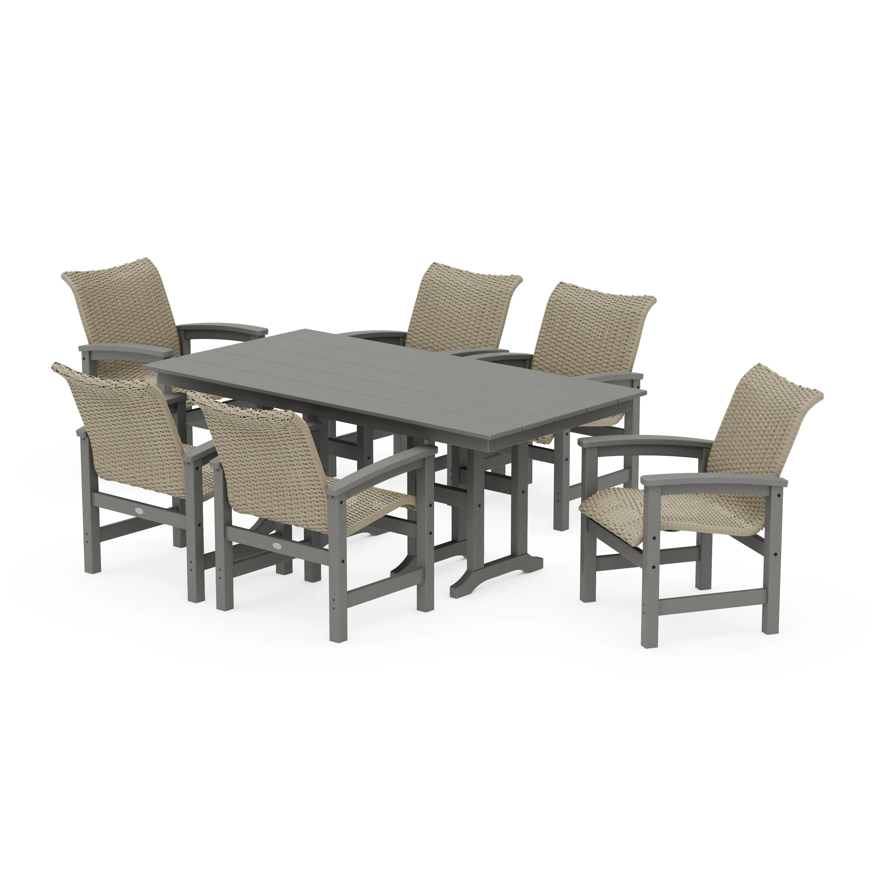 Coastal Woven Arm Chair 7-Piece Farmhouse Dining Set