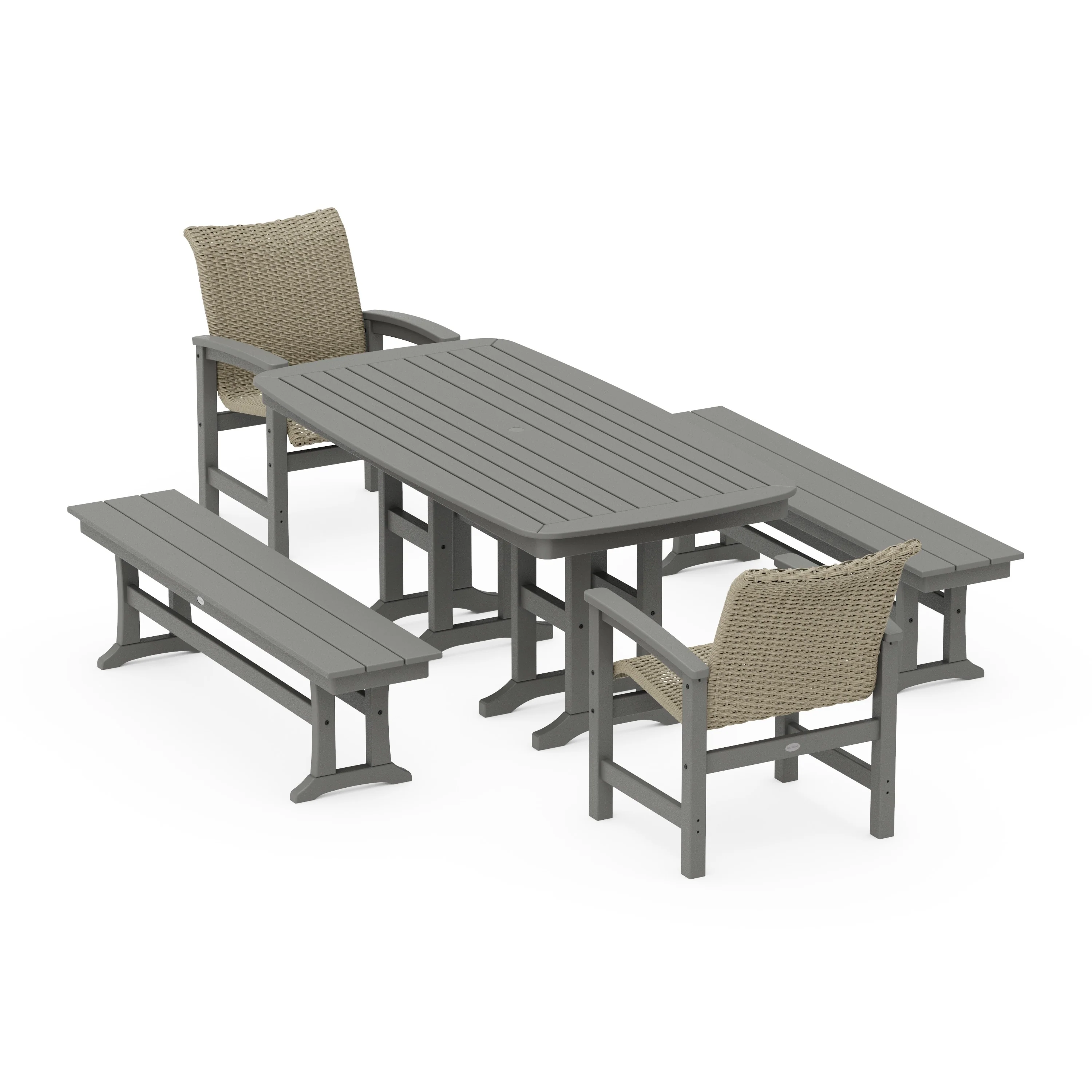 Coastal Woven 5-Piece Dining Set with Benches