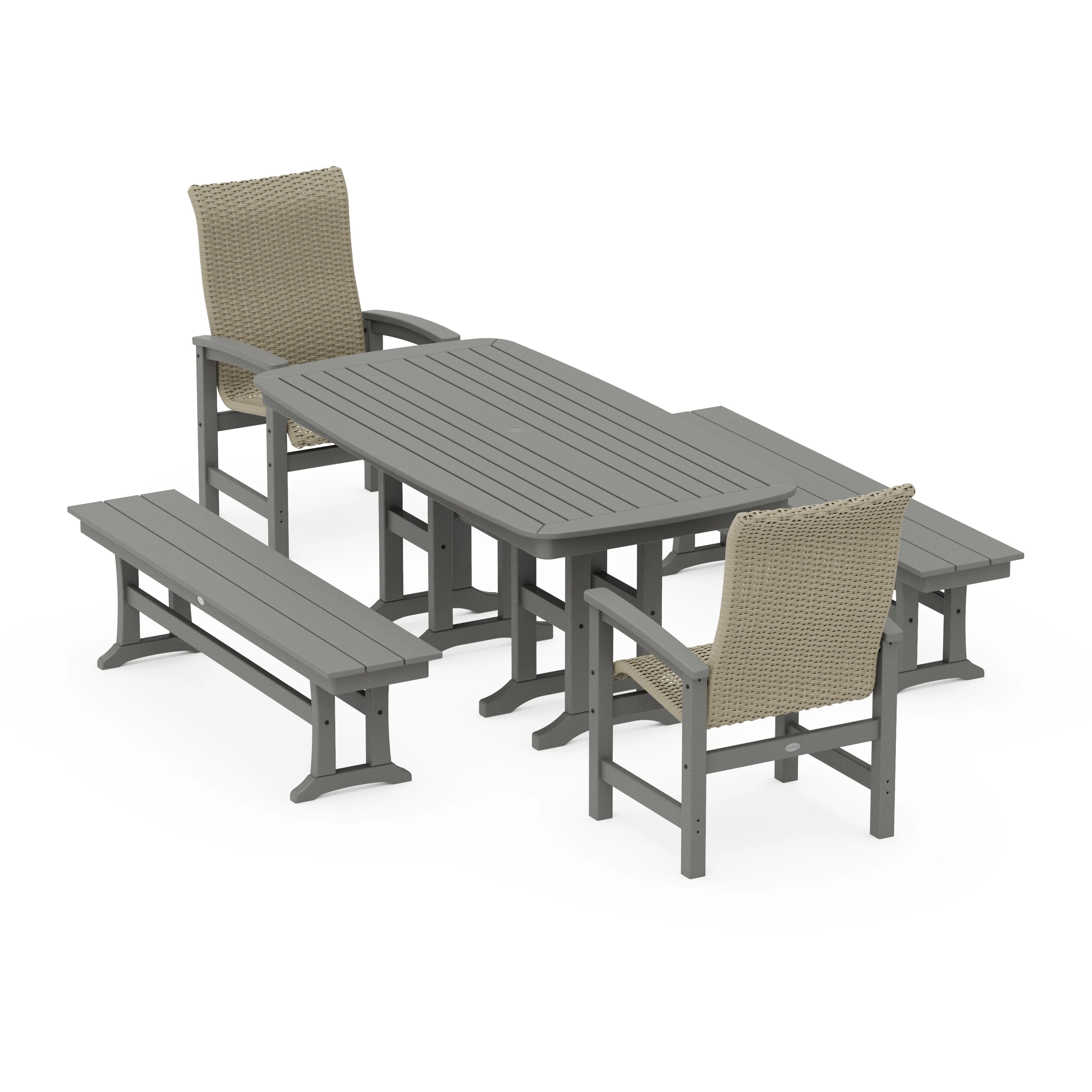Coastal Woven High-Back 5-Piece Dining Set with Benches