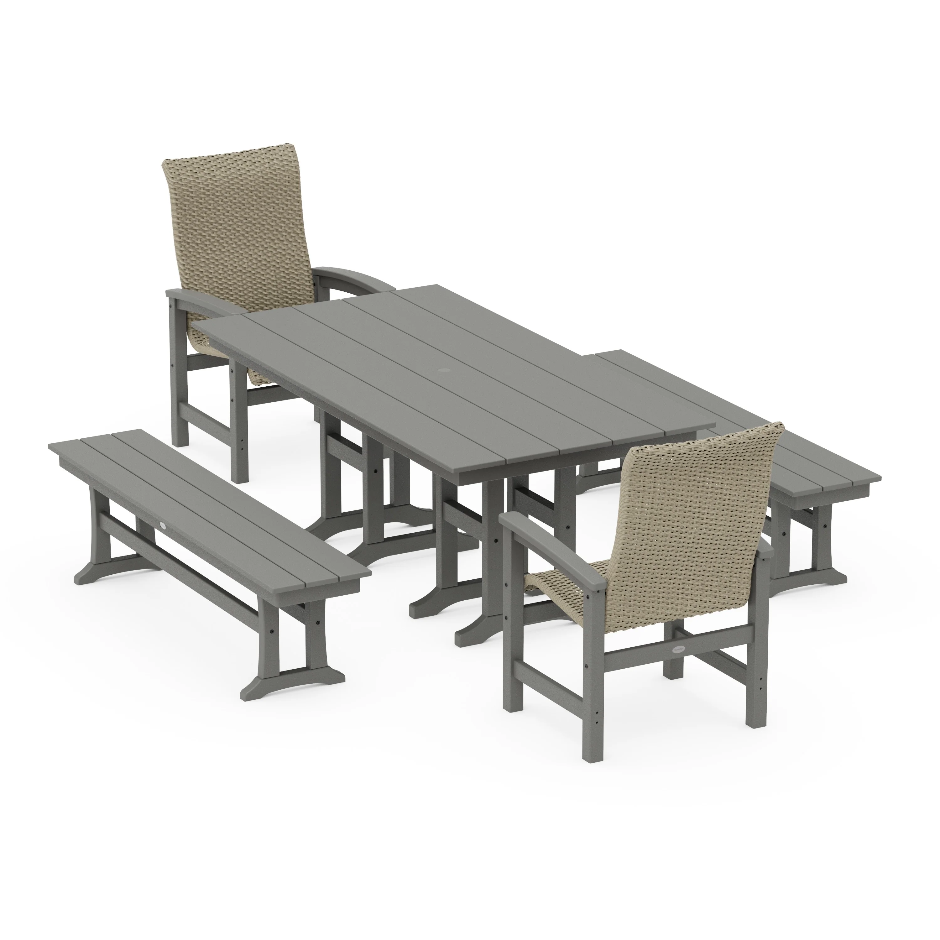 Coastal Woven High-Back 5-Piece Farmhouse Dining Set with Benches