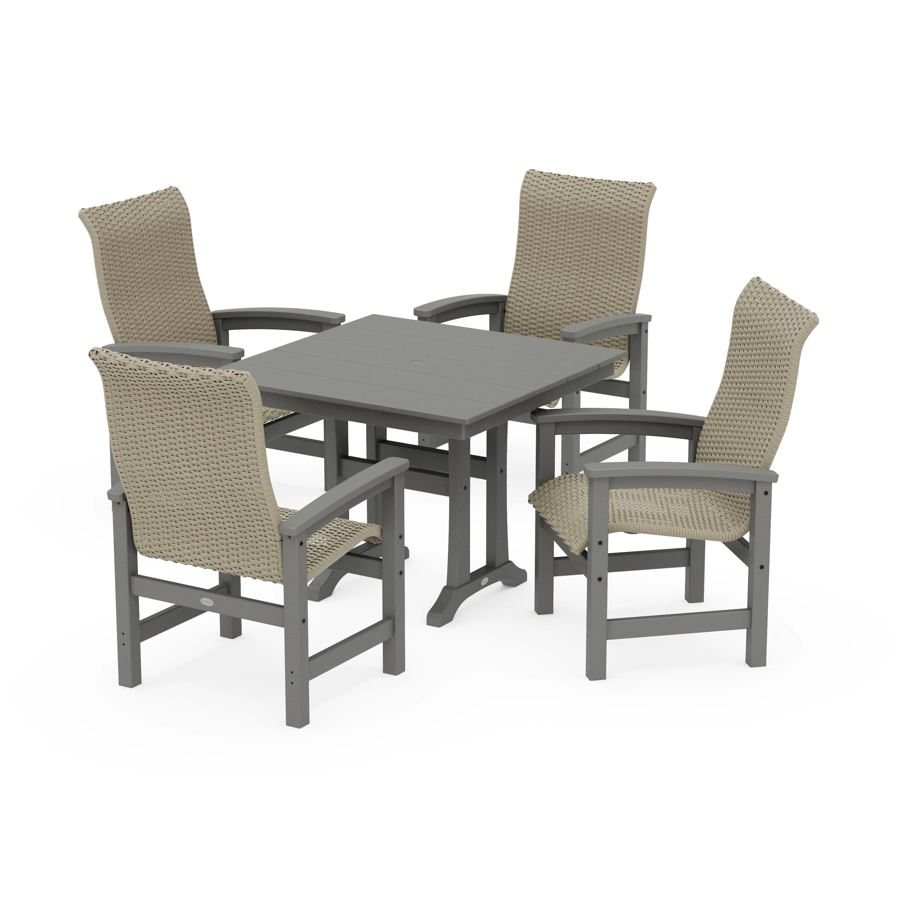 Coastal Woven High-Back 5-Piece Farmhouse Dining Set with Trestle Legs
