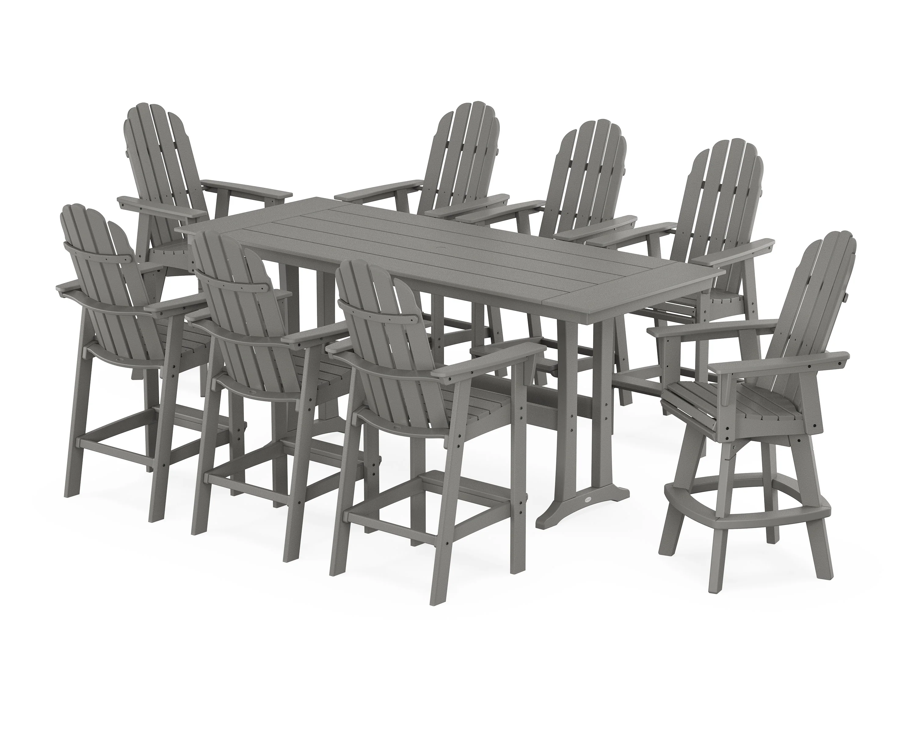 Vineyard Curveback Adirondack Swivel 9-Piece Farmhouse Bar Set with Trestle Legs