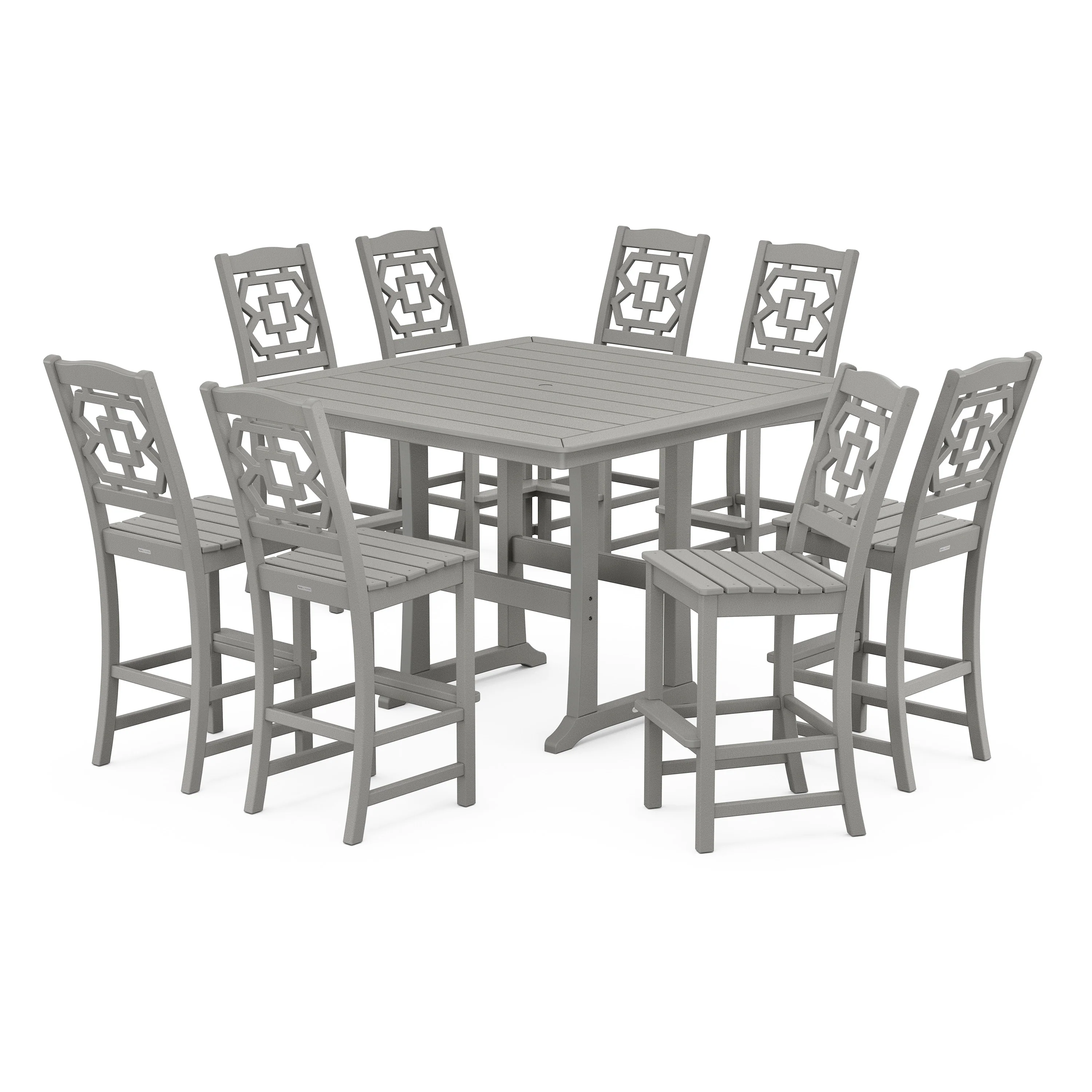 Chinoiserie 9-Piece Square Side Chair Bar Set with Trestle Legs